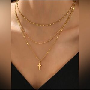 18k Gold Plated Layered Cross Chain Necklace